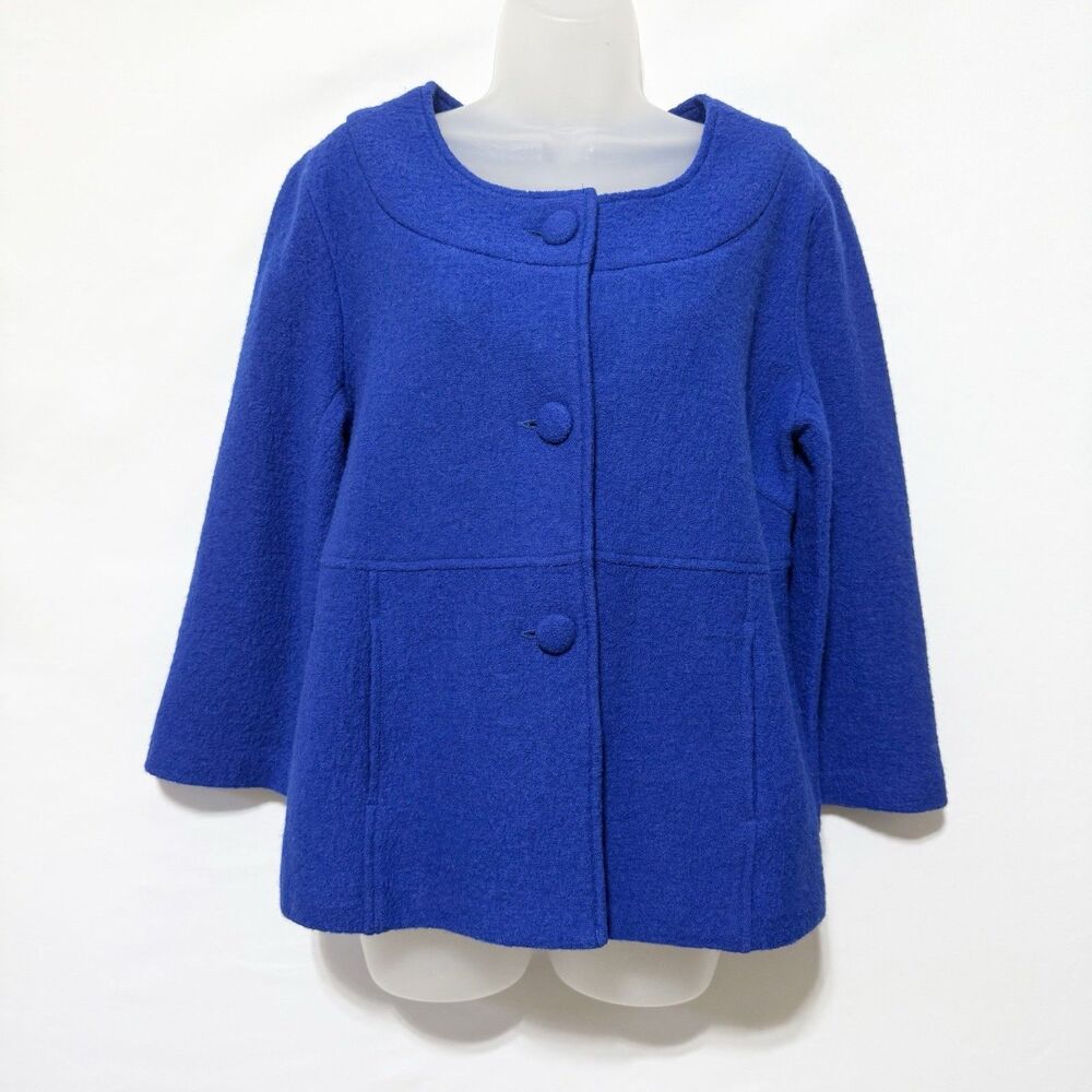 Harve Benard Women's Small Boiled Wool Swing Coat Button Front Pleat Back Blue